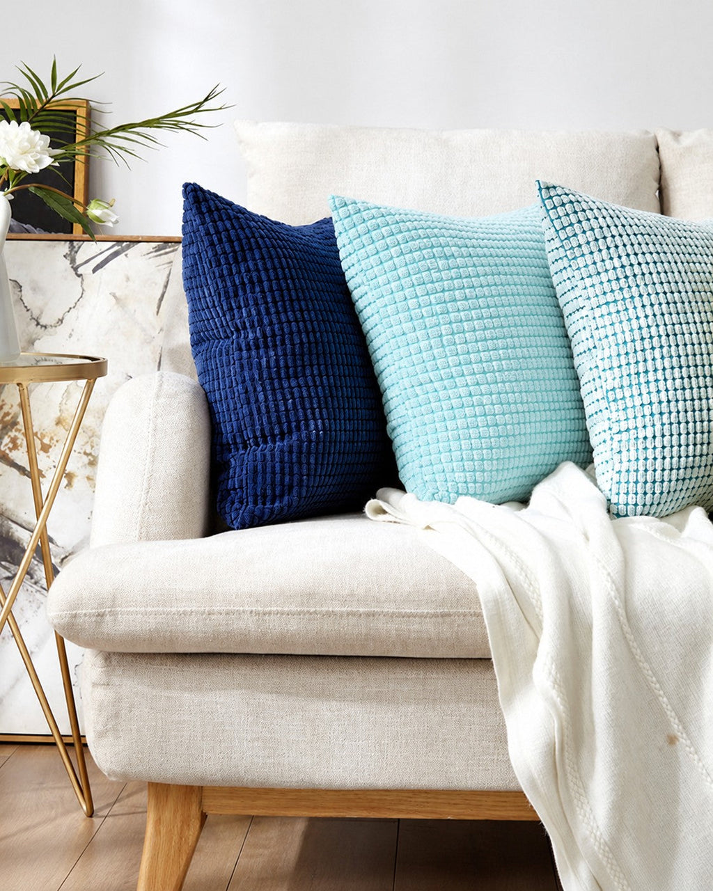 3-Piece Coordinated Pillow Bundle with Inserts – square throw Pillows AND Inserts  3 blues in 2 sizes options – Fancy & Stacy